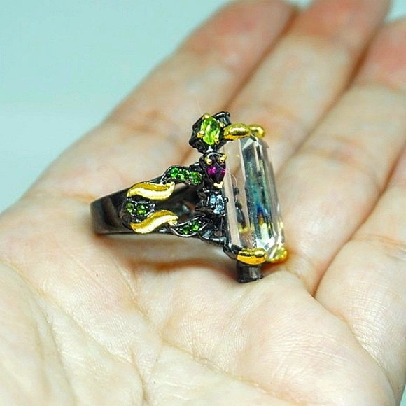 Solid Sterling Silver Clear Quartz + Gemstone Ring - Picture 4 of 7